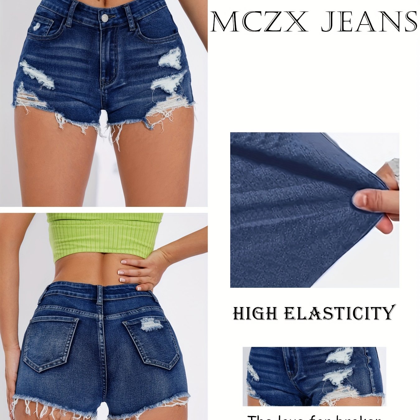 Shorts de mezclilla de talla grande para mujer de tiro alto con roturas y dobladillo deshilachado