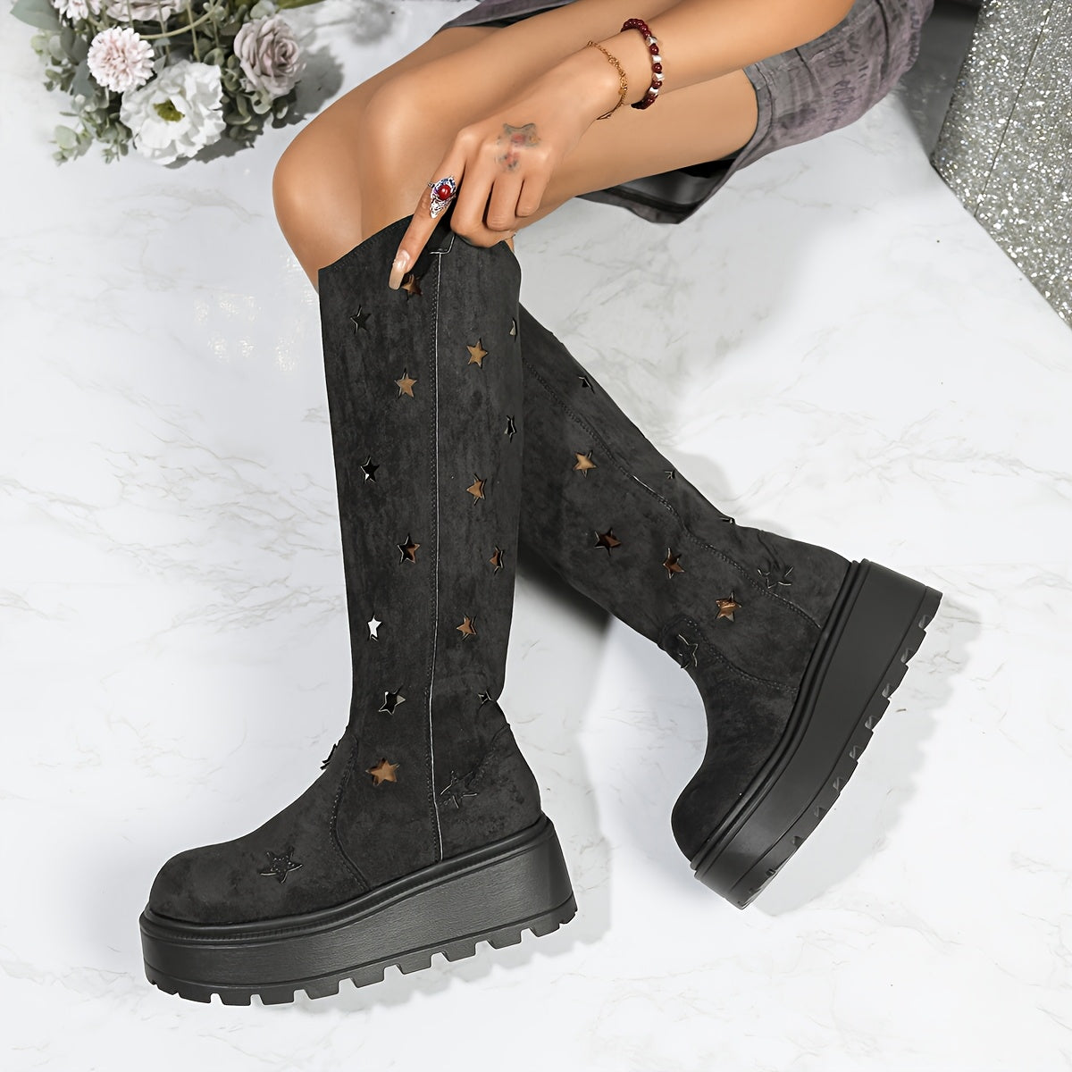 Women's Spring Ankle Boots Rubber Platform Slip-On Beige Star Embellishments