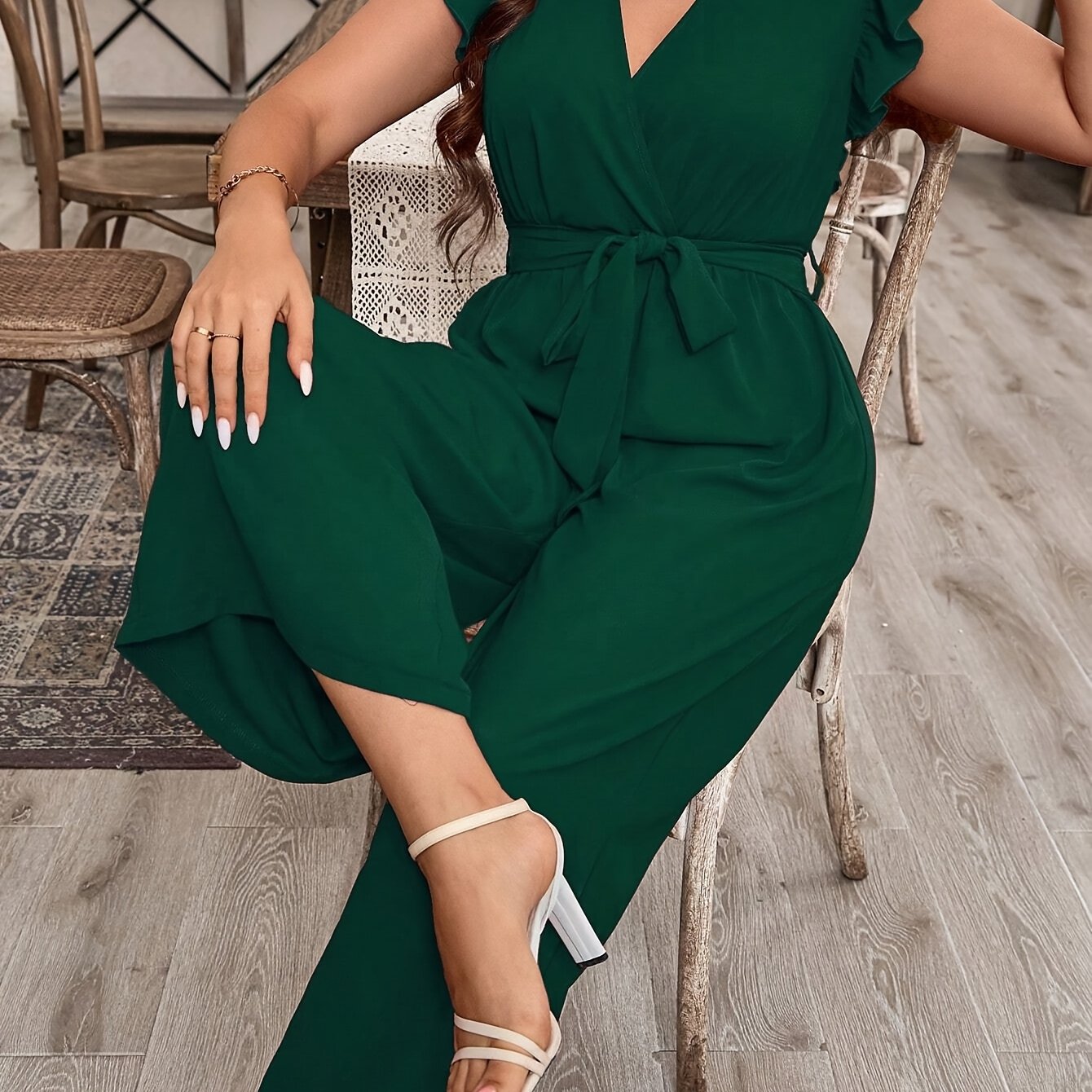 Women's Ruffled Sleeve V-Neck Belted Jumpsuit Solid Color Non-Stretch Fabric