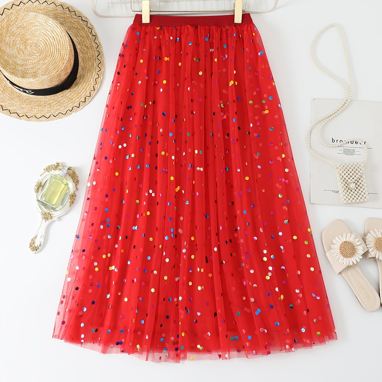 Women's Pleated Knit Skirt with Contrast Mesh Polyester Spring Summer Fall