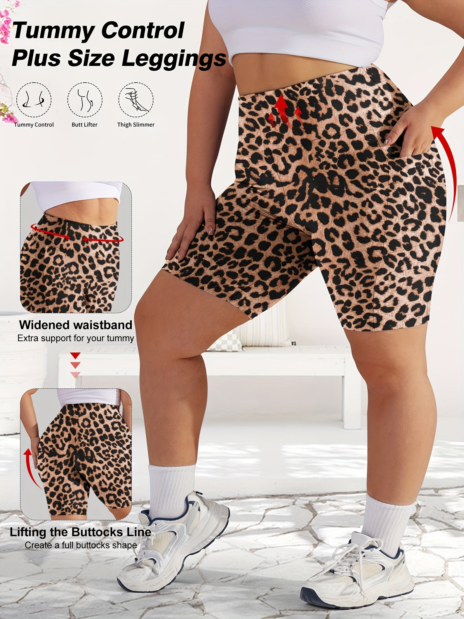 Shorts de mujer de talla grande con cintura alta y estampado de leopardo, elásticos y no transparentes