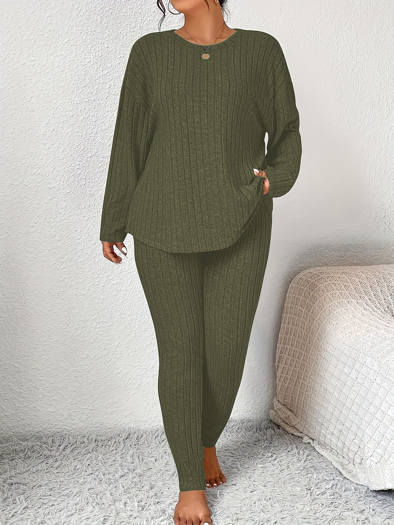 Women's Large Ribbed Autumn Winter Home Wear Casual Set