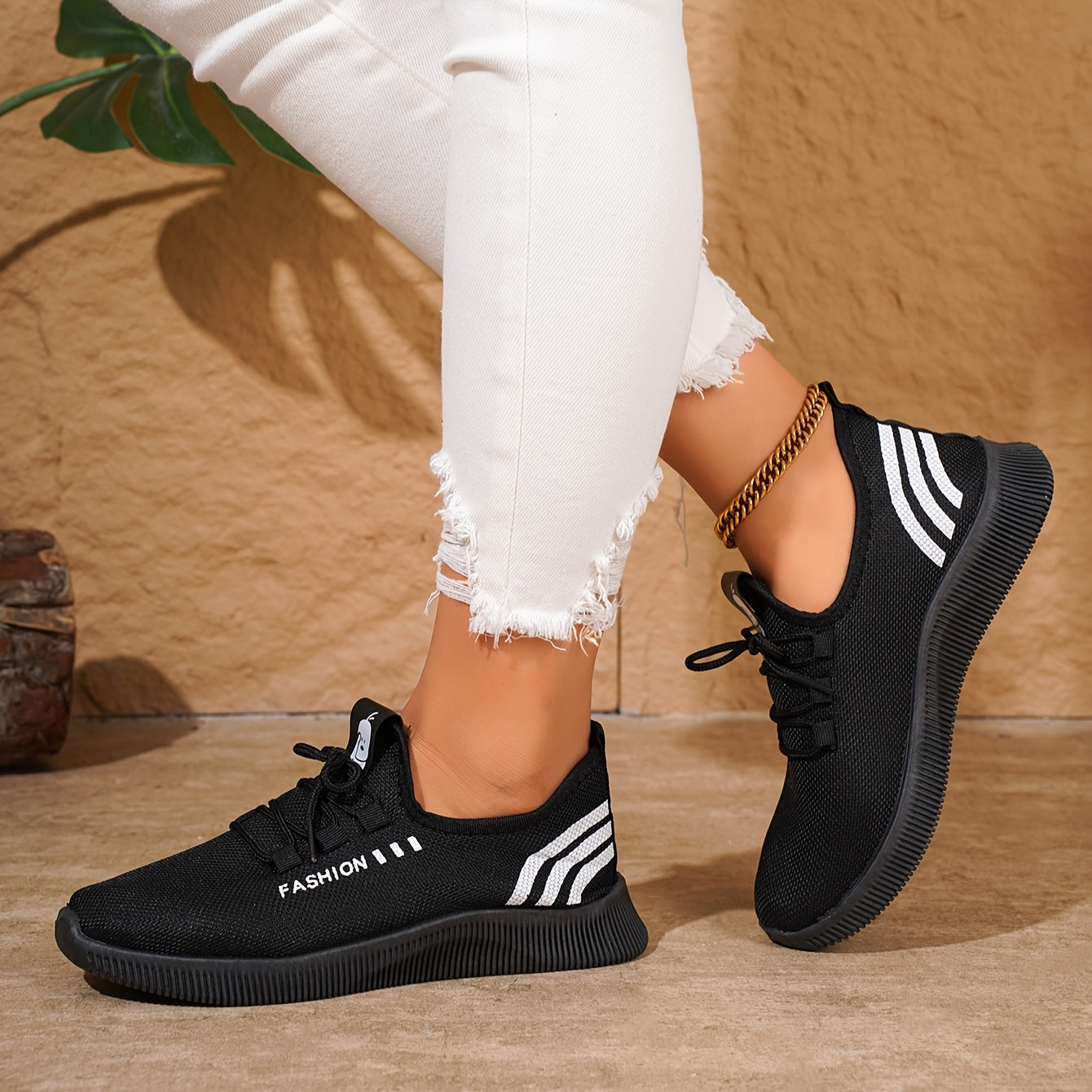 Women’s Casual Slip-On Sneakers Breathable Fabric Red Stripes Cushioned Sole