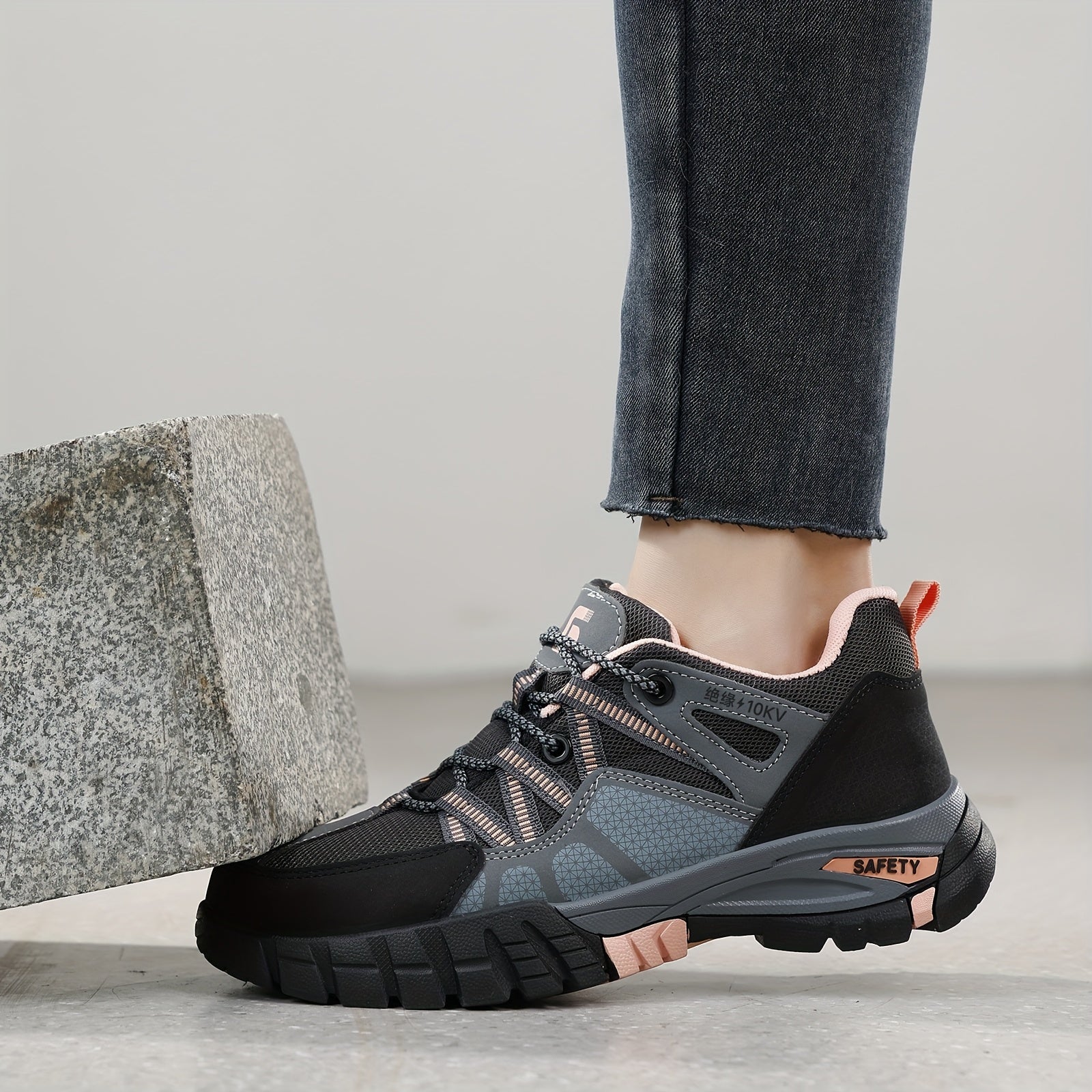 Women's Insulated Electrical Worker Shoes Anti-Puncture Slip-Resistant Steel Toe Black Pink