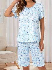 Women Floral Short Sleeve Pajama Shorts Set Large Size Comfortable