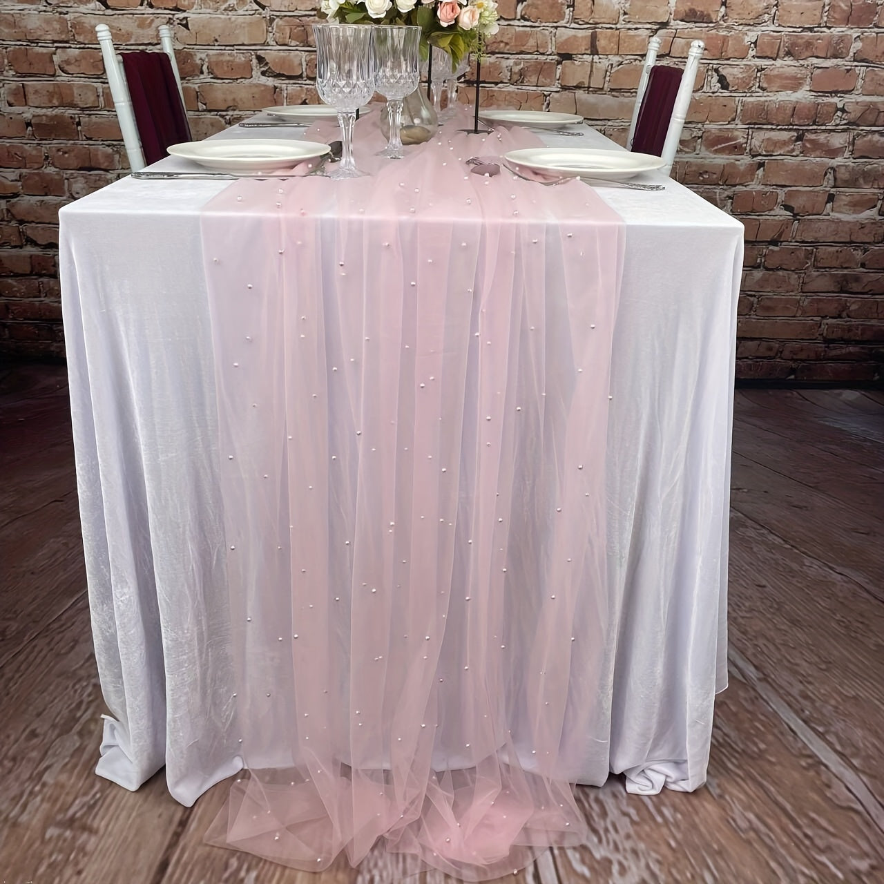 Pearl Lace Embroidered Table Runner for Wedding Arch Bridal Shower Event White Chiffon Tulle