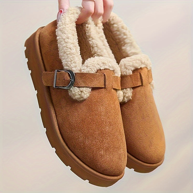 Women's Cozy Winter Ankle Boots Plush Lined Buckle Casual Brown Rubber Sole