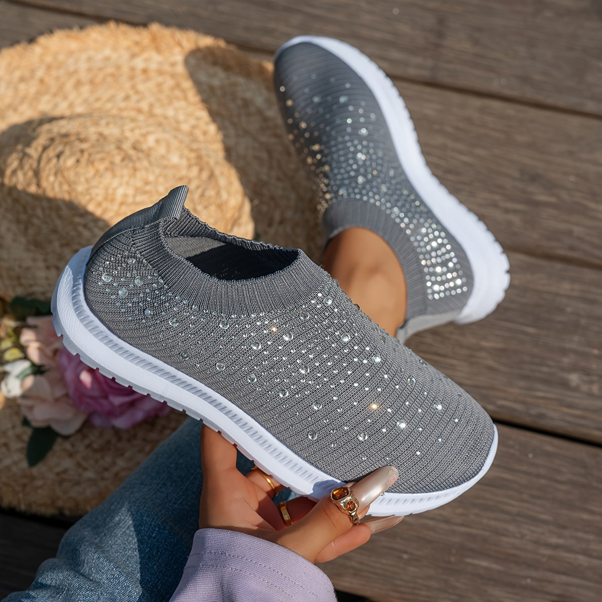 Women's Breathable Slip-On Casual Sneakers with Sparkling Crystal Accents