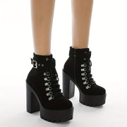 Women's Black Platform Ankle Boots with Buckles and Side Zipper for Nightclub
