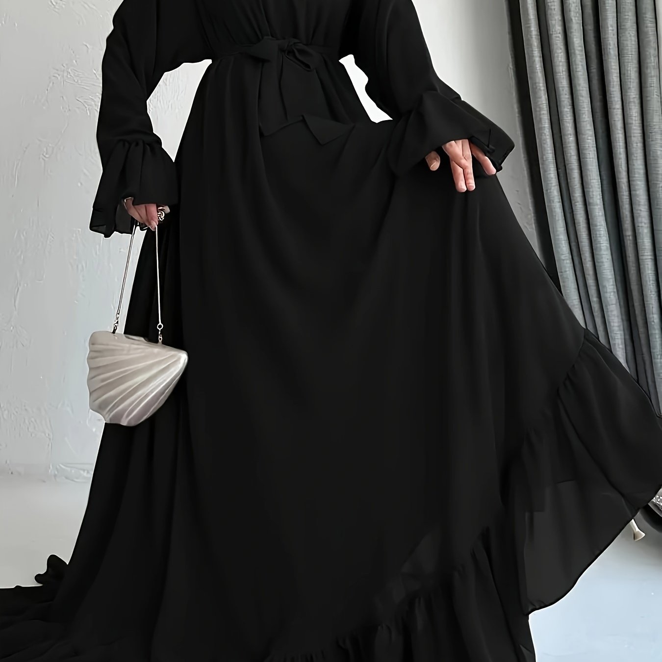 Solid Color Dress with Belted Ruffle Hem Long Sleeve Mock Neck for Spring and Fall