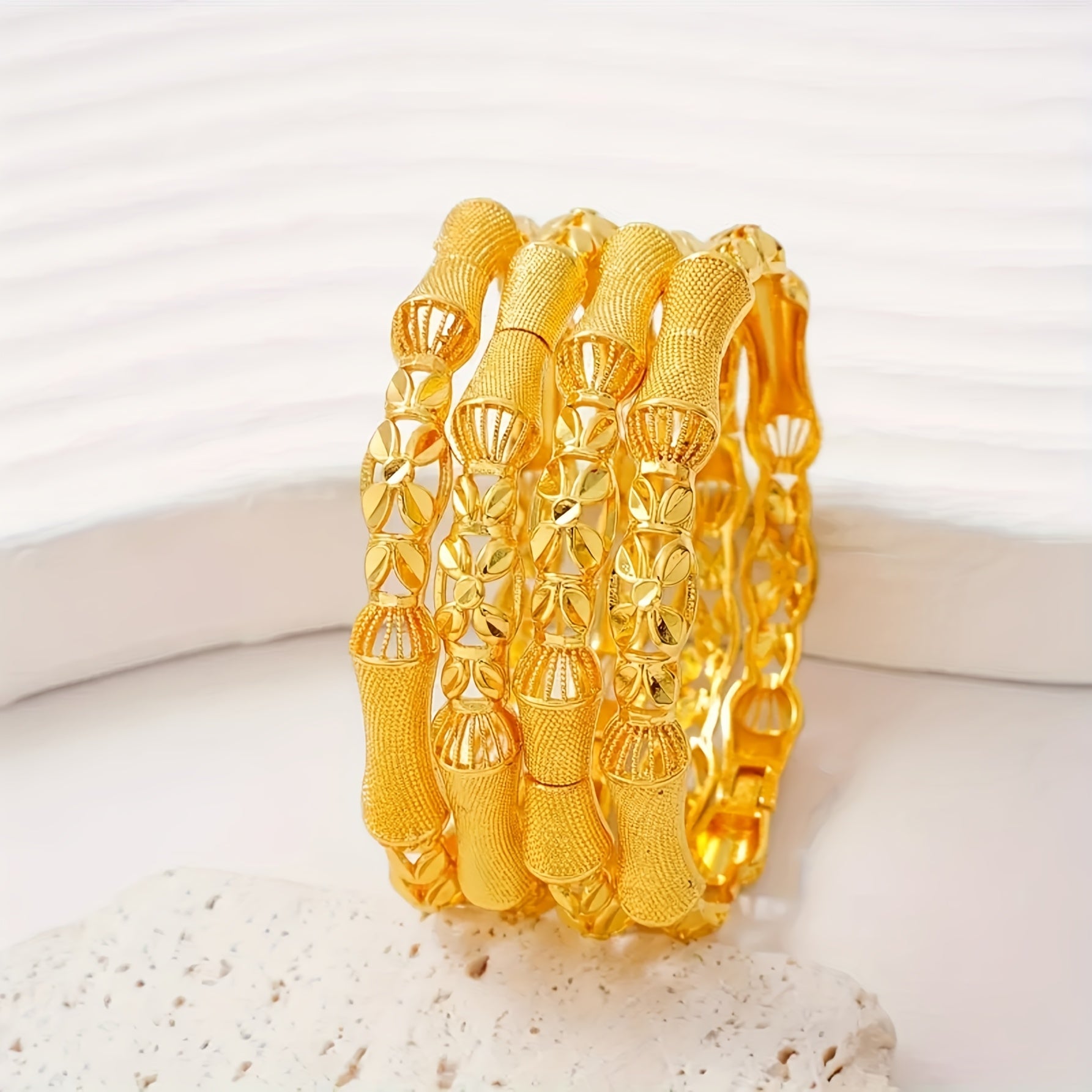 Set of Four 18K Gold-Plated Copper Tribal Style Bangle Bracelets for Women