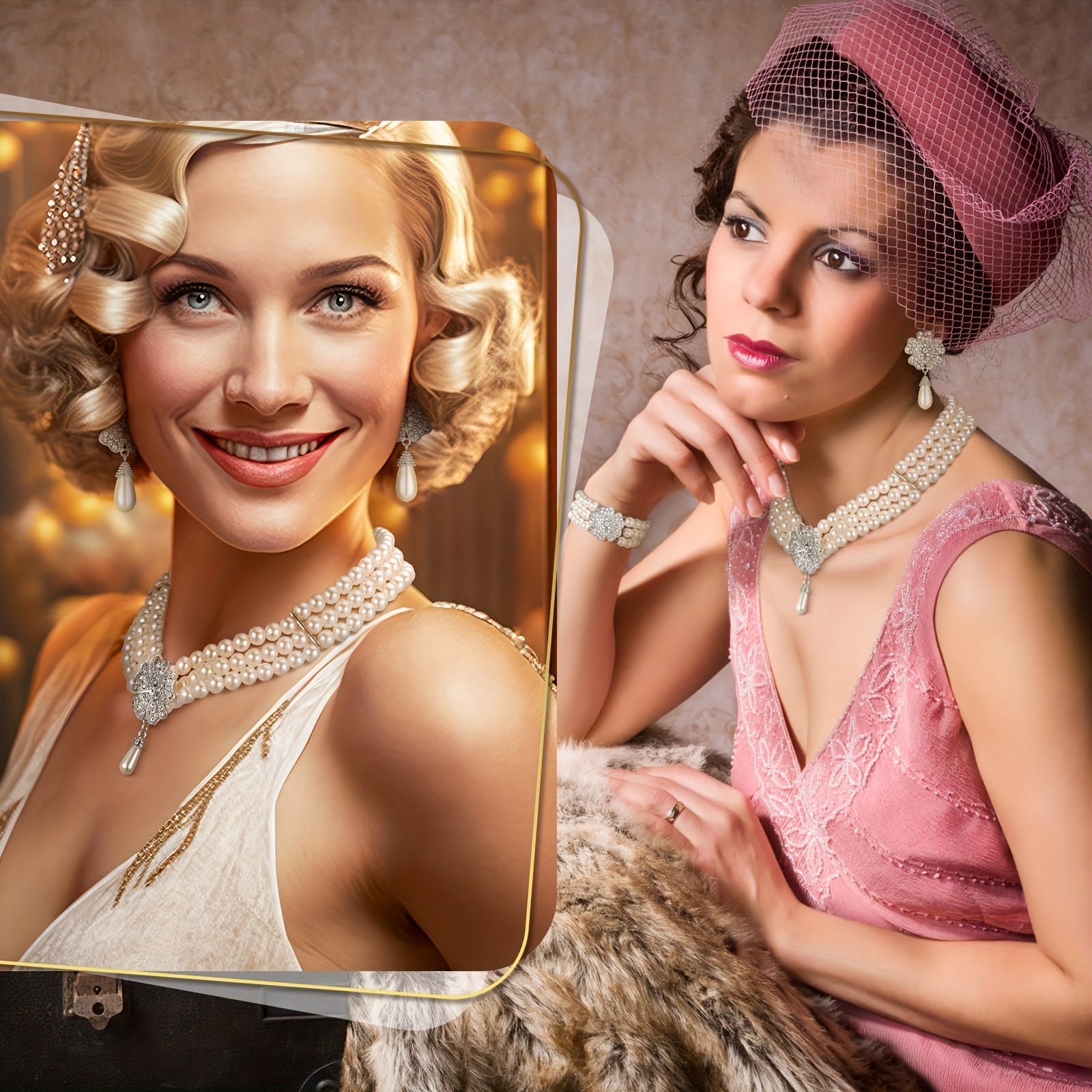 Vintage 1920s Pearl Jewelry Set with Flapper Earrings Necklace and Bracelet for Women