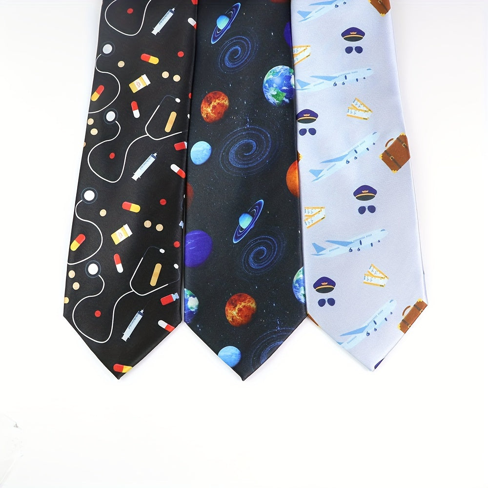 Silk-Like Printed Tie with Airplanes Planets Symbols Musical Notes Footballs for School Work Party