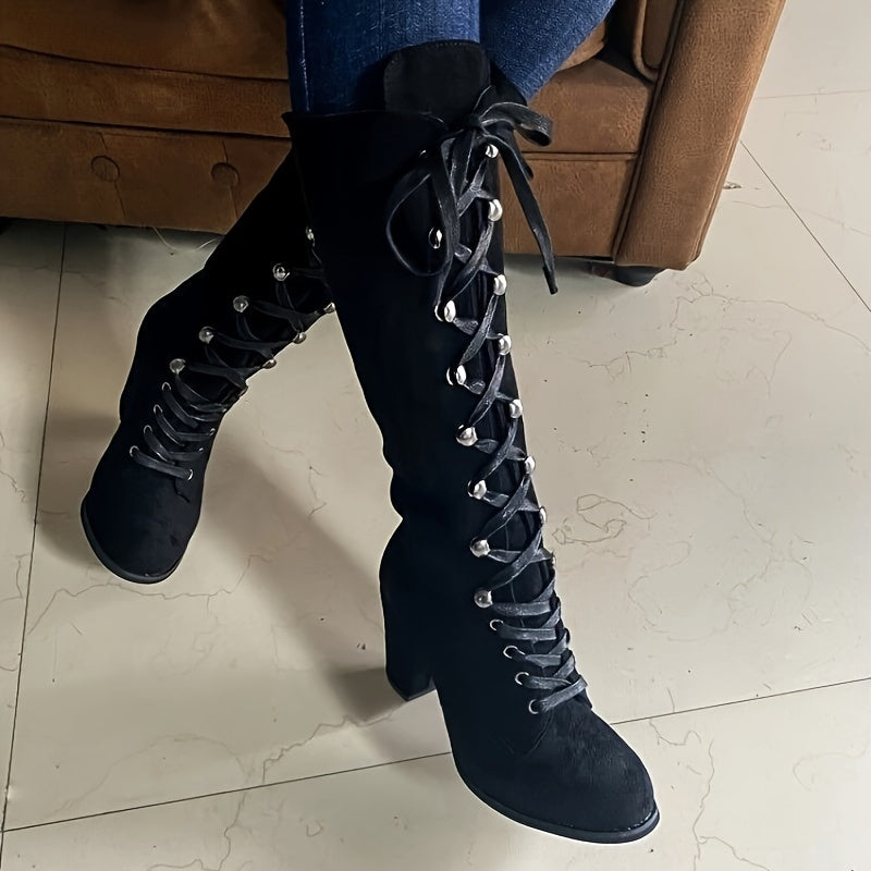 Women's Solid Color Chunky Heel Boots Lace-Up Knee High Shoes