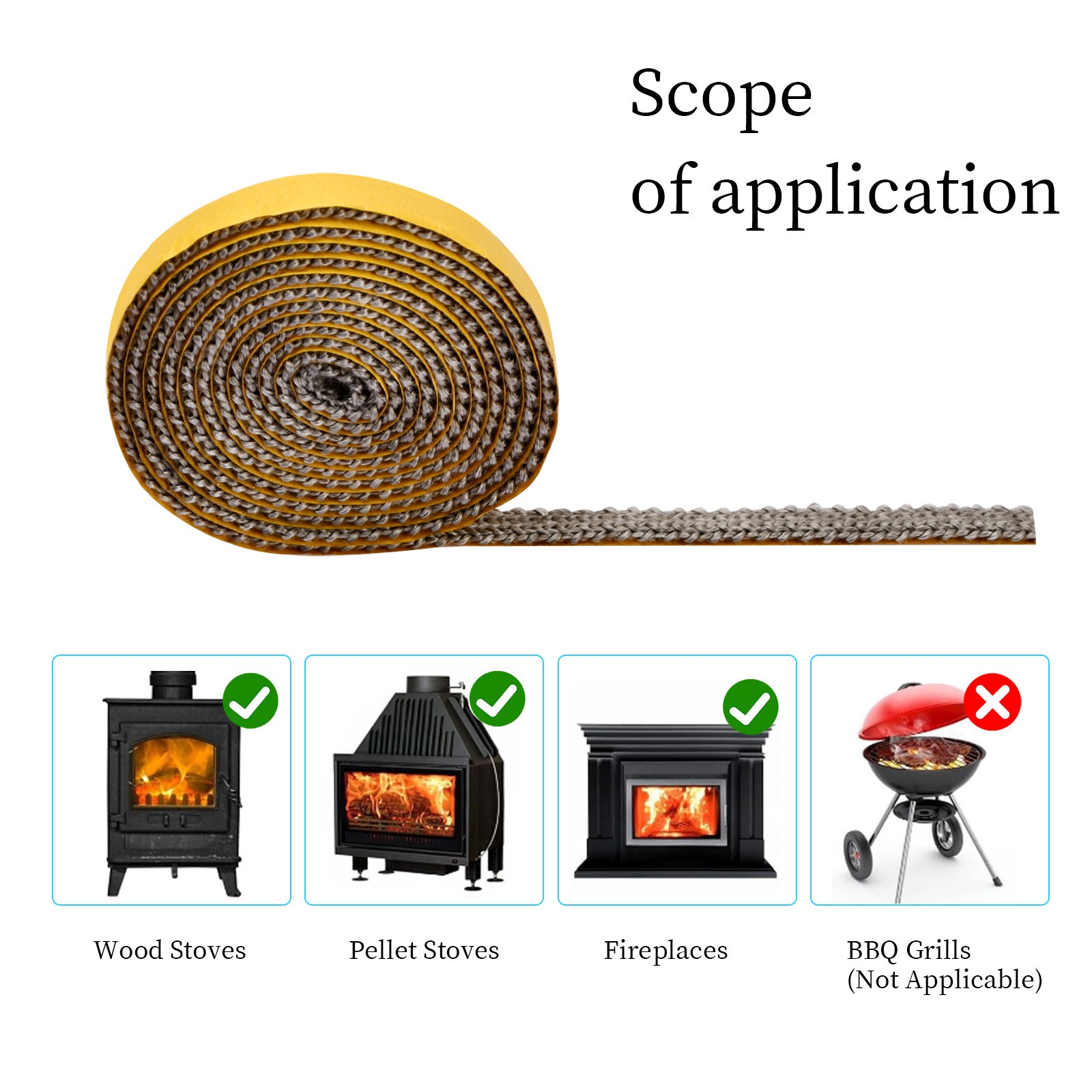 Flat Stove Rope Sealant Strip for Wood Burning Ovens Fireplaces 3mm x 10mm x 2m