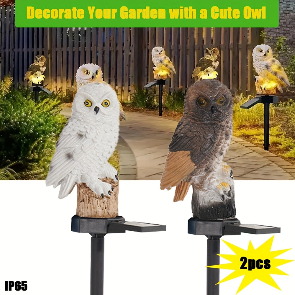 Solar-Powered Owl Garden Lights Set of Two Resin Outdoor Decor with Remote Control