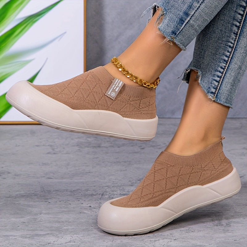 Women’s Slip-On Loafers Breathable Knit Fabric Casual Shoes Beige Green