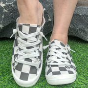 Women's Checkered Casual Sneakers Black and White Lace-Up Fabric Upper