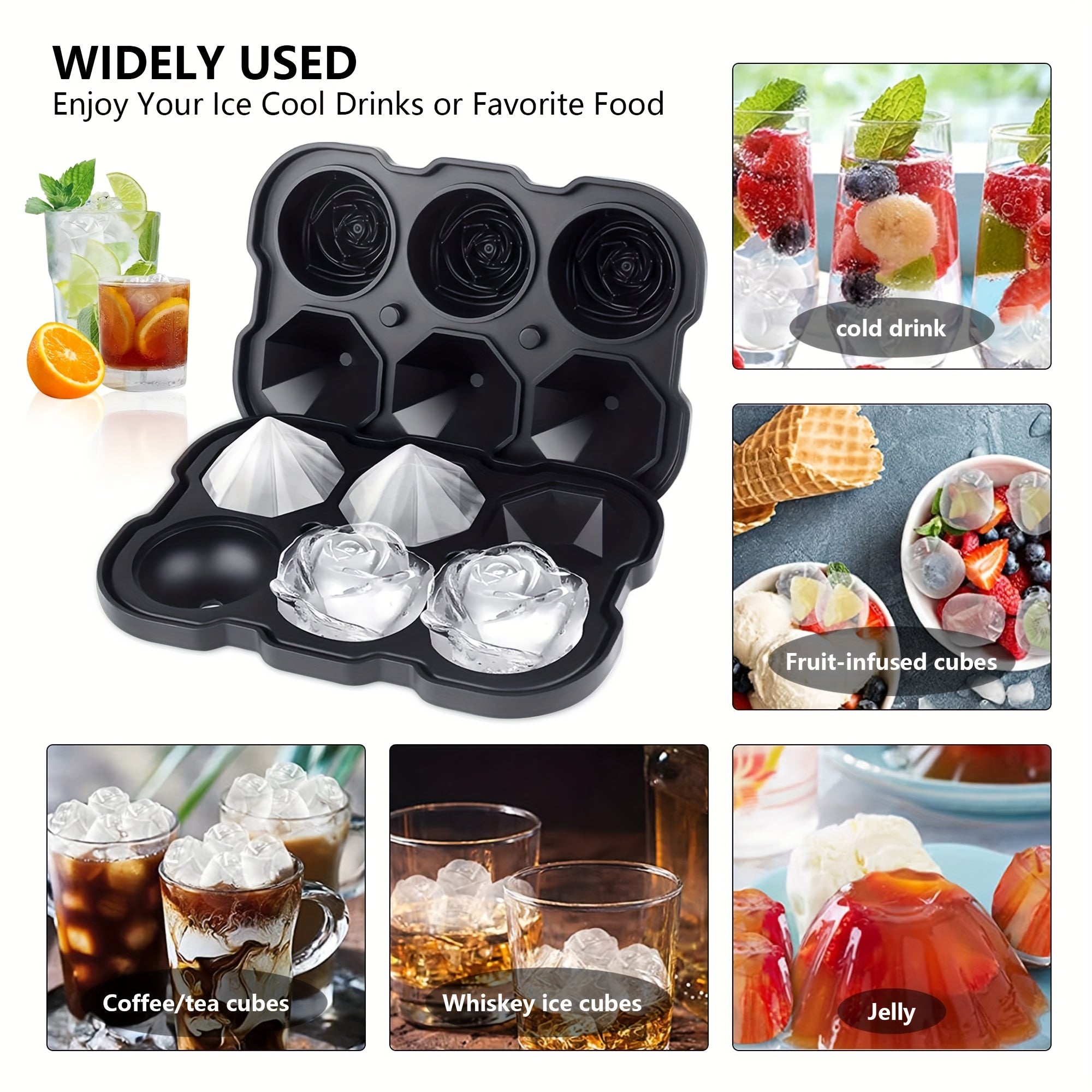 Silicone Ice Tray with Lid for Large Ice Cubes, 3-Chamber Diamond Ball, Suitable for Party Drinks