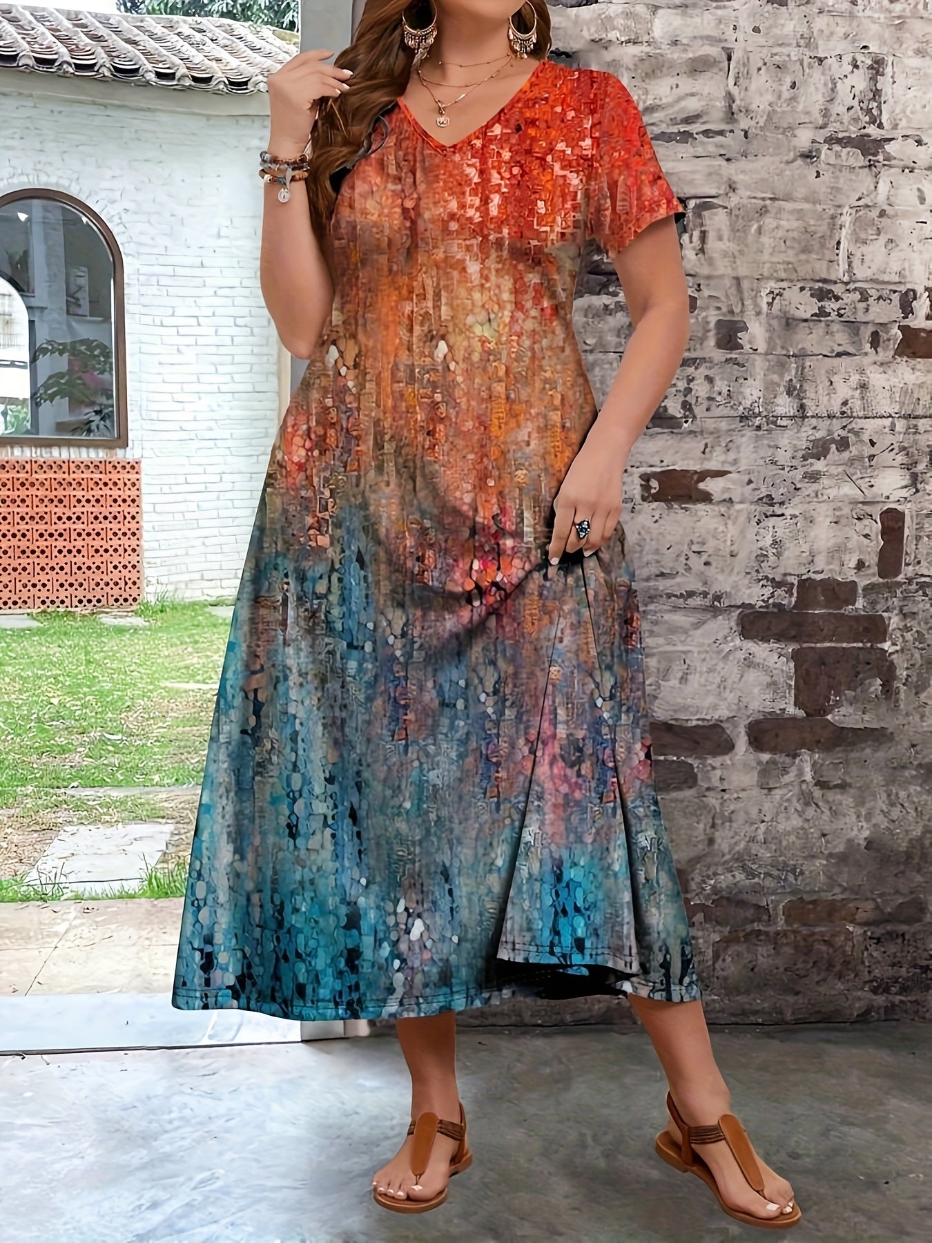 Платье большого размера с всеобъемлющим принтом, длинное, с V-образным вырезом, короткими рукавами, повседневное для весны и лета