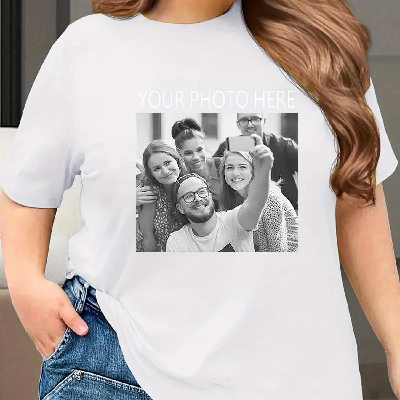 Plus Size Women's Cotton T-Shirt Short Sleeve Custom Photo Black Casual Top