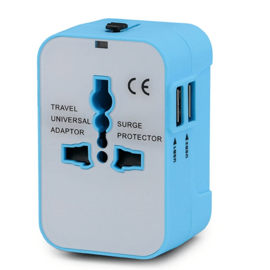 Adaptador de viaje con puertos USB duales para teléfonos y portátiles, compacto, 3 opciones de color, compatible con EE. UU., UE, Reino Unido y AU