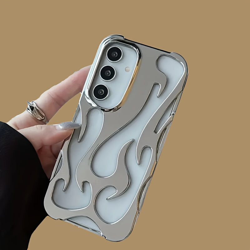 Hollow Flame TPU Phone Case for Samsung Galaxy S24 S23 S22 Ultra Plus A55 A54 A16 A14 A15 A06 Silver Electroplated Flexible Cover for Men Women