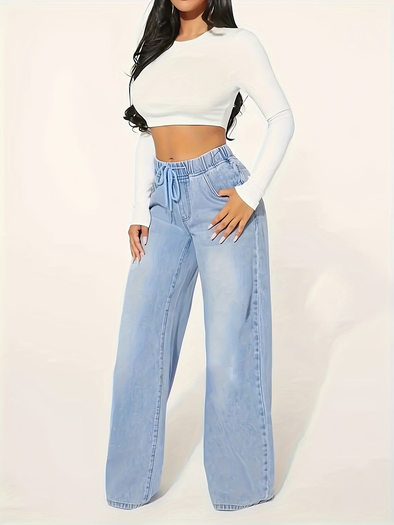 Blue Denim Wide Leg Jeans with Drawstring Waist for Casual Fall Style