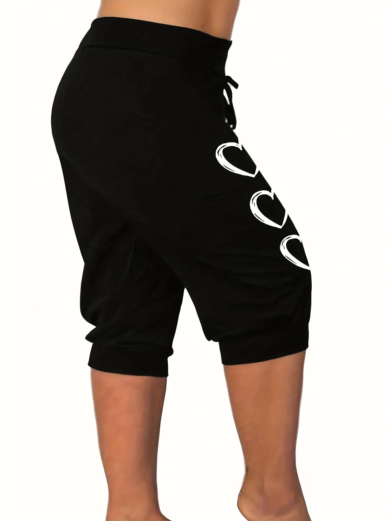 Plus Size Heart Print Capri Pants Casual Elastic Waist Summer Women's Clothing