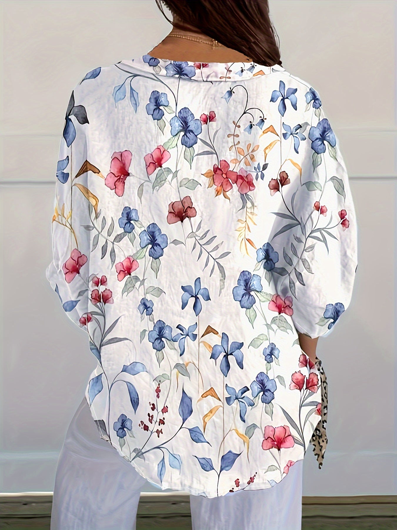 Plus Size Women's Floral Print Long Sleeve Button Front Shirt