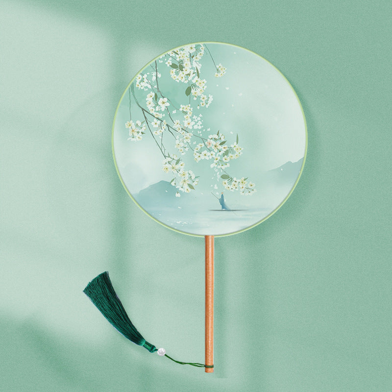 Girls Long Handle Dance Fan Traditional Hanfu Qipao Embroidered Summer Fan