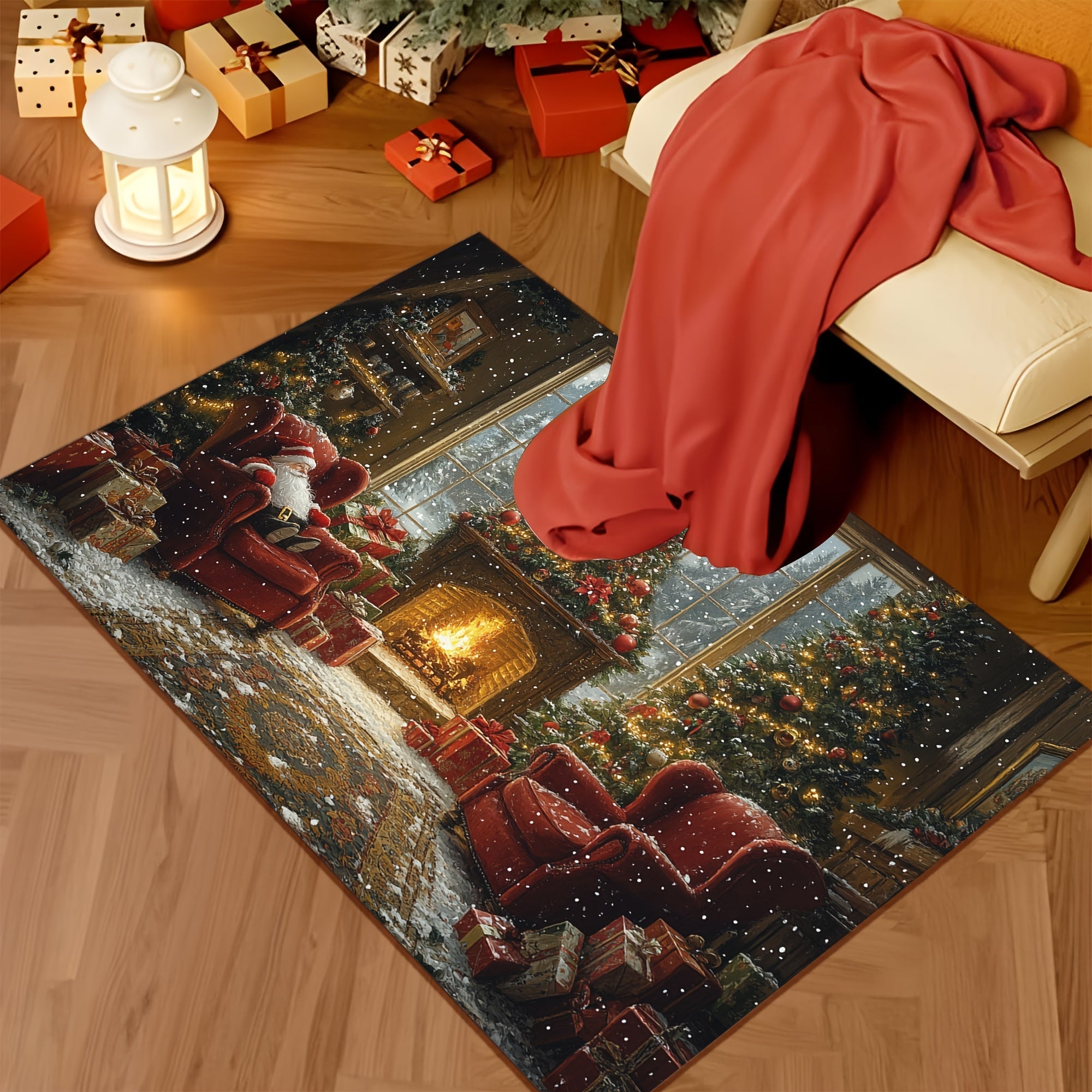 Non-Slip Christmas Doormat with Santa Fireplace Design Washable Polyester Rectangular Floor Mat