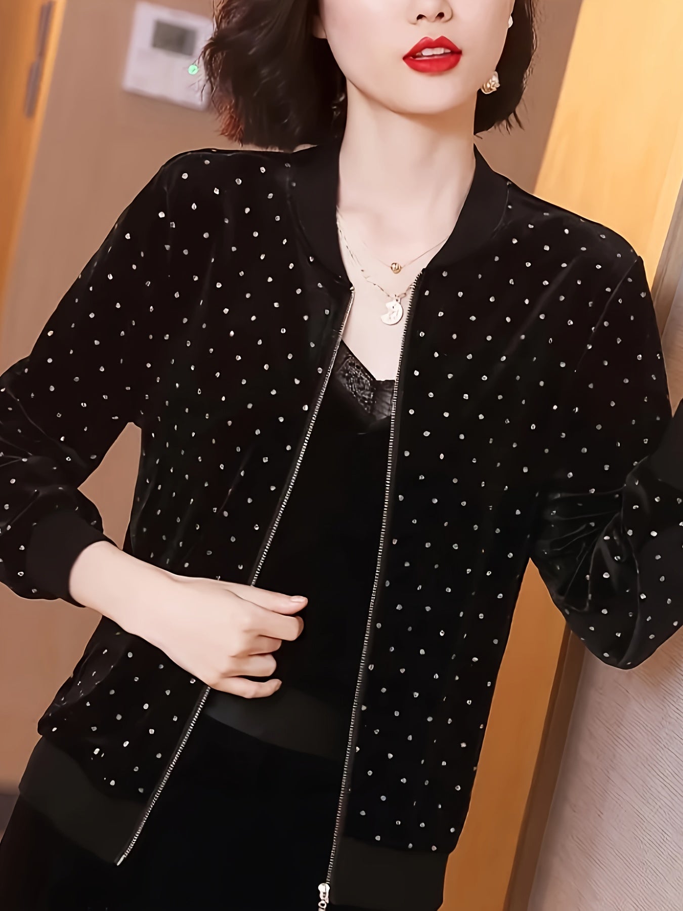 Women's Lightweight Bomber Jacket with Rhinestone Dot Design Sun Protection Spring Fall