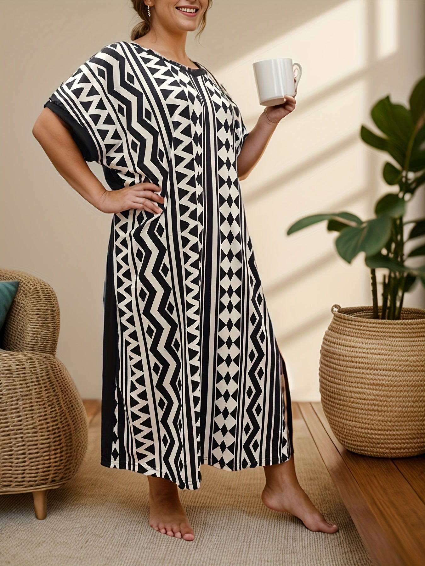 Plus Size Women's Black and White Geometric Batwing Sleeve Midi Dress