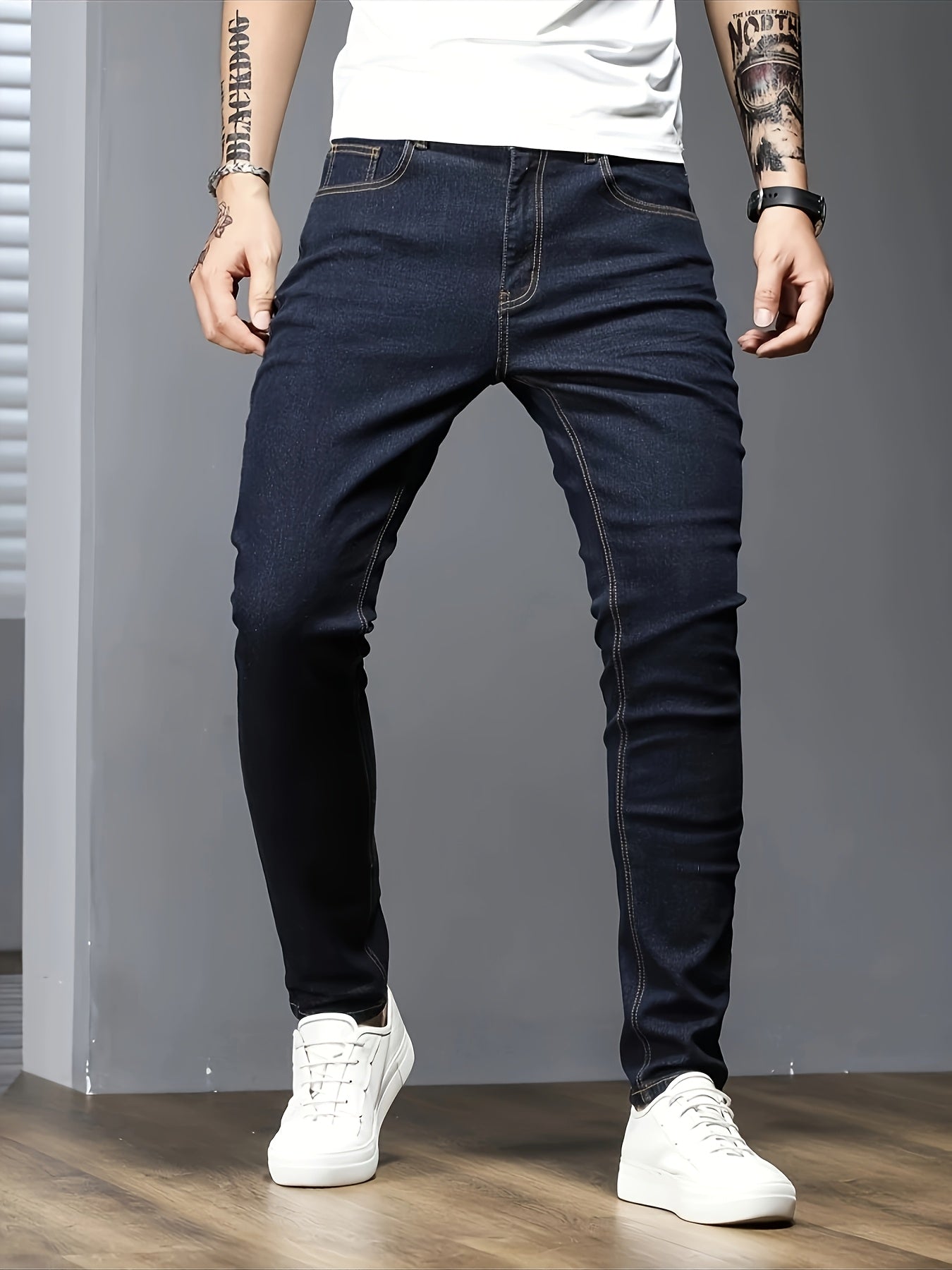 Men's Slim Fit Jeans Solid Color Stretch Denim Raw Wash All-Season