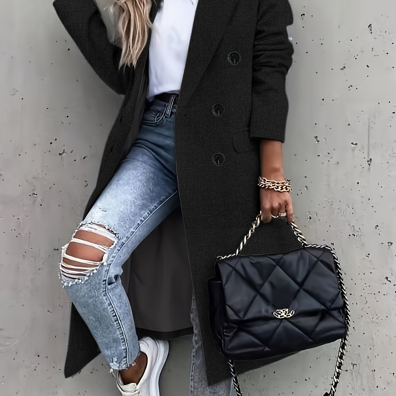 Women's Double-Breasted Wool Overcoat with Lapel Collar Long Sleeve Fall Winter Elegant