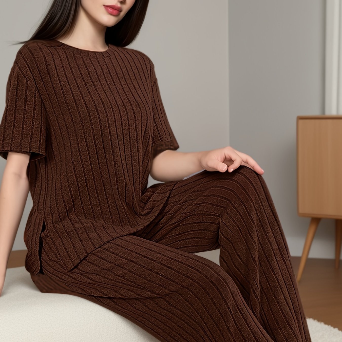 Women's Solid Ribbed Lounge Set with Short Sleeve Top and Pants Comfortable Loose Fit Fall Winter