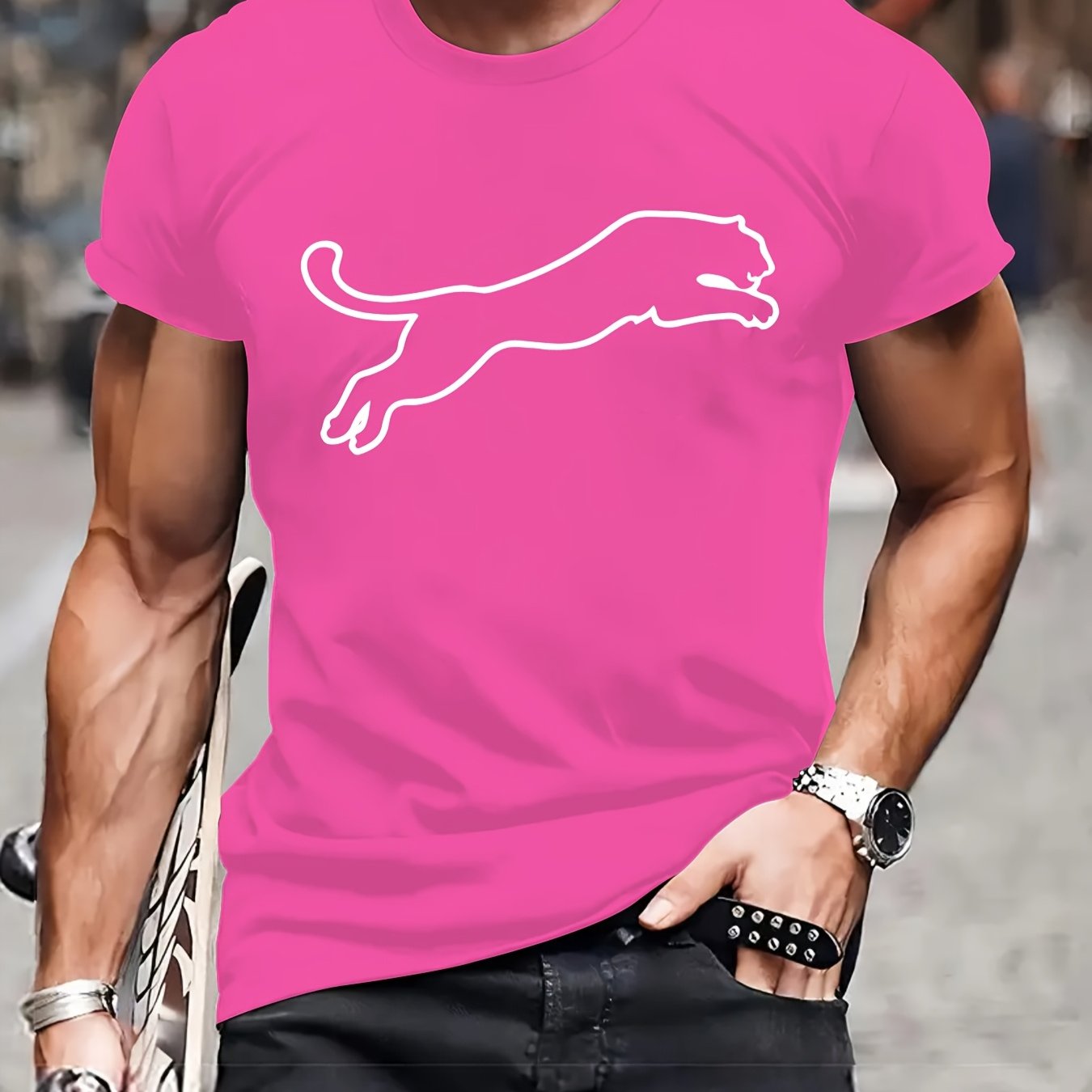 Men's Polyester Leopard Print Casual T-Shirt with Crew Neck Summer Fit