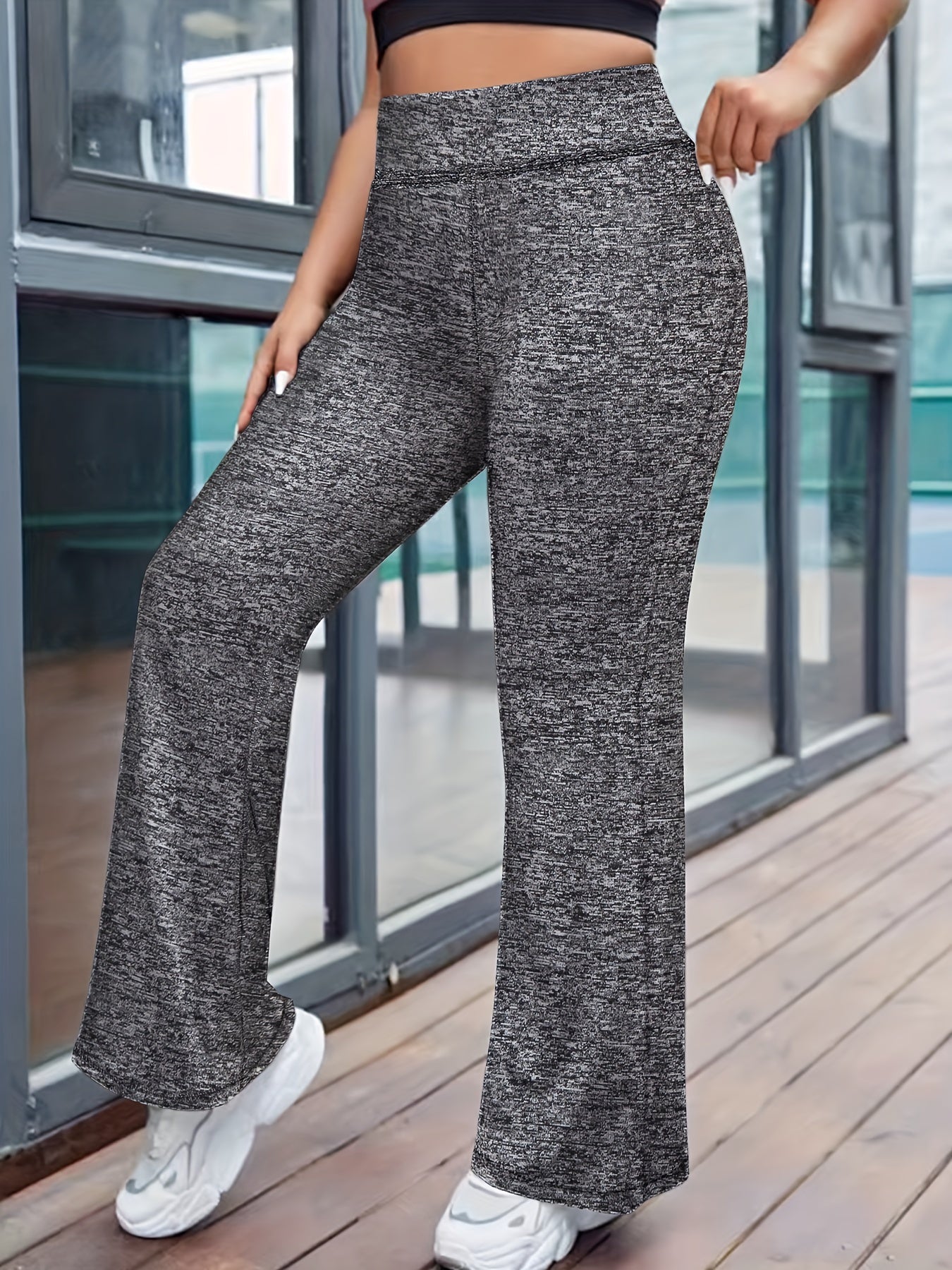 Women's Plus Size High Waist Flare Pants Stretchy Non-See-Through Polyester Spandex Solid Color All-Season