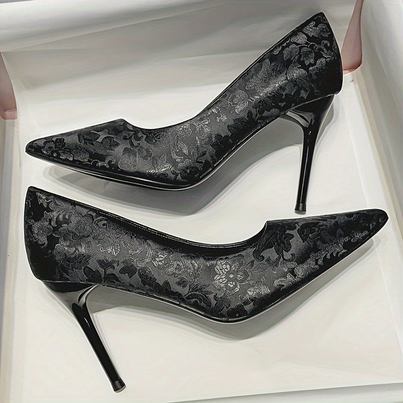 Women's Floral Vintage Pumps Shallow Slip On Elegant Point Toe Dress Shoes