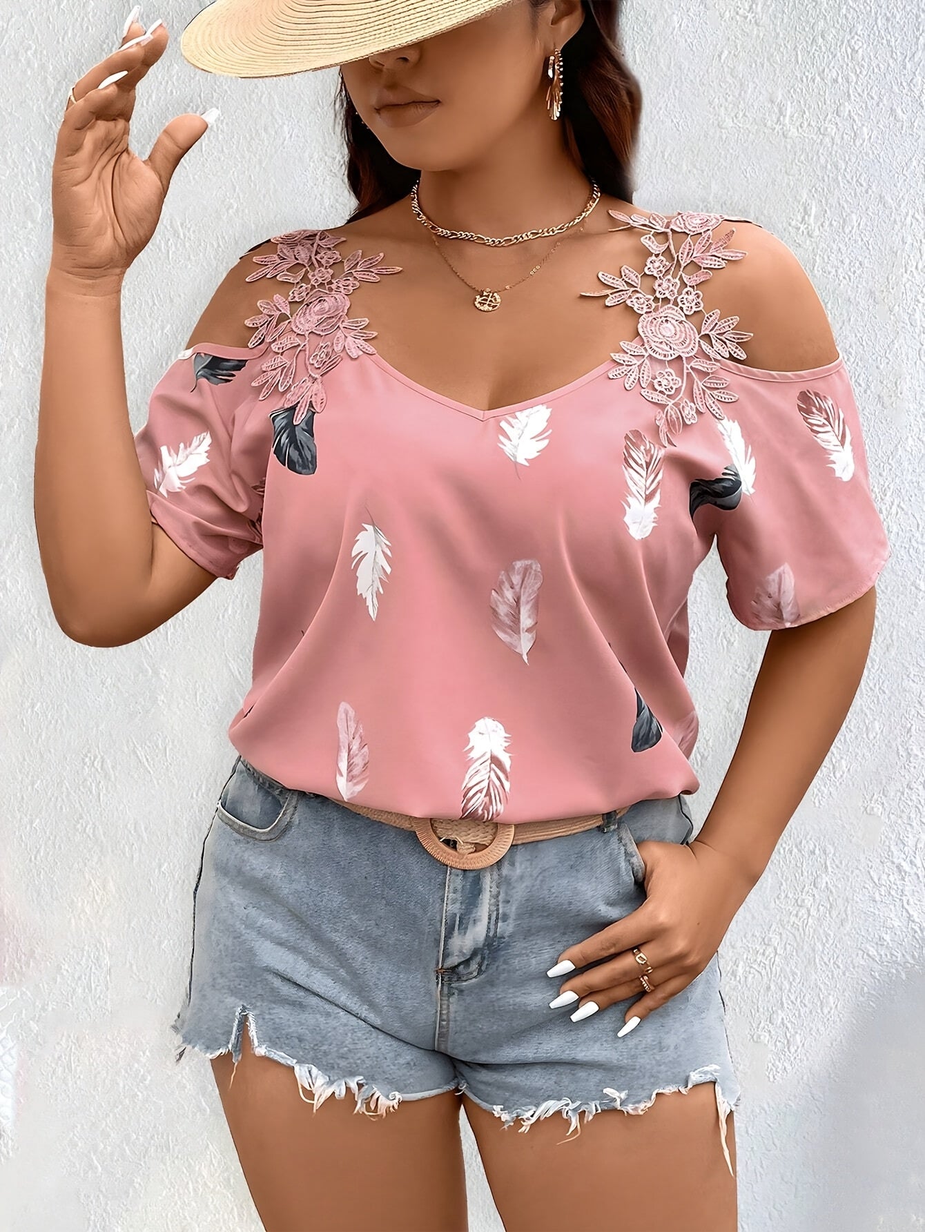 Plus Size Off-Shoulder Shirt With Embroidered Appliqué for Women