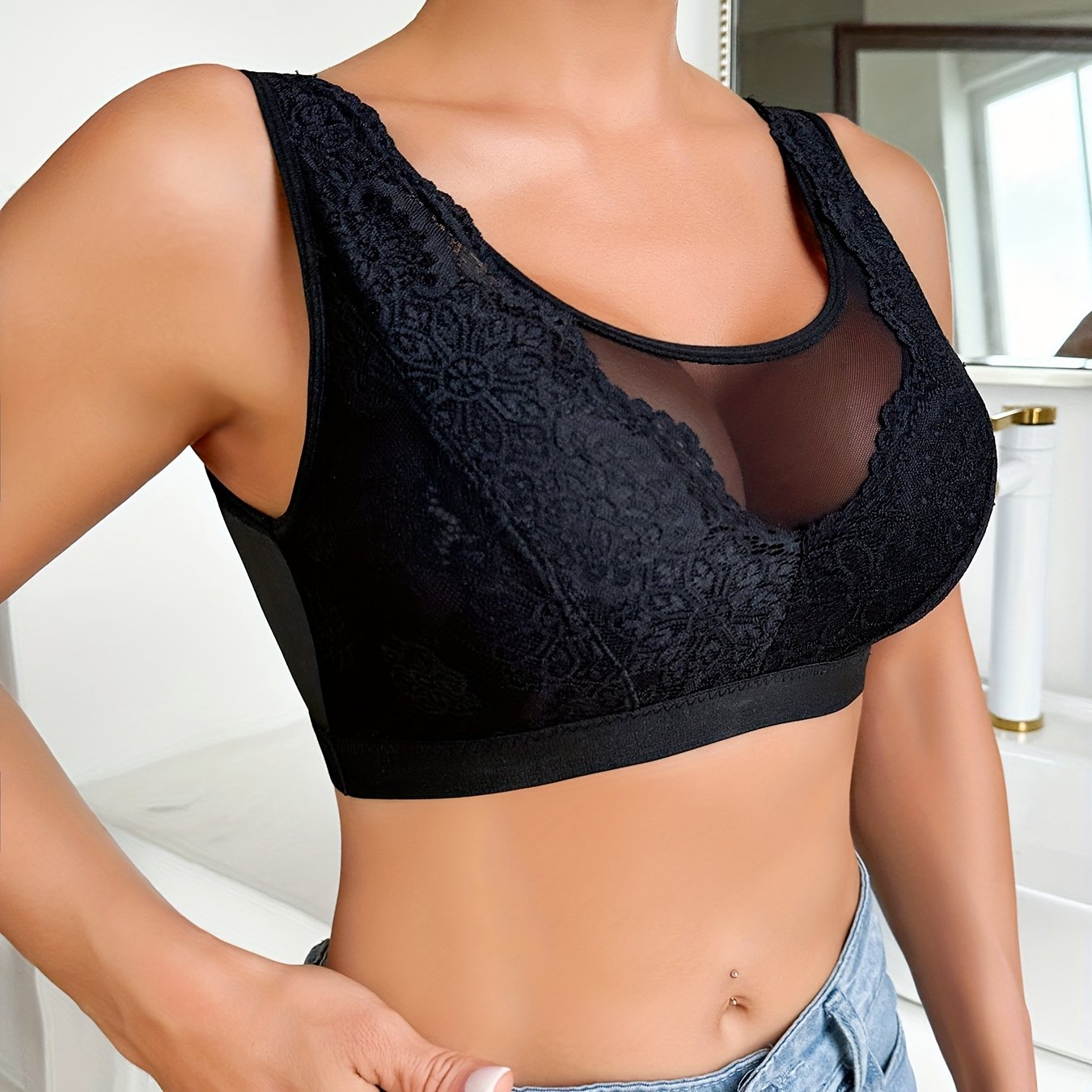 Wireless Lace Bra for Women Semi-Sheer Hand Wash Polyester Elastane