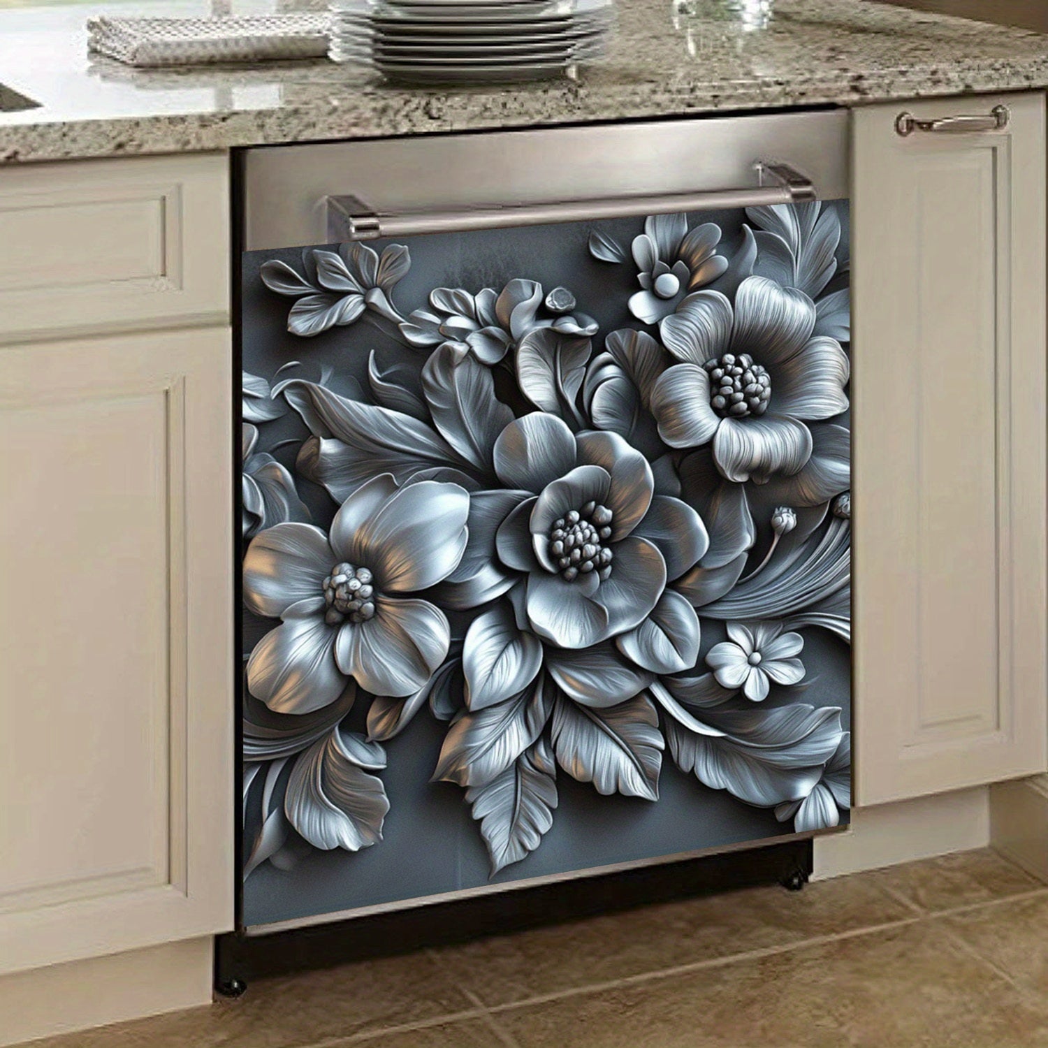 3D Relief Silvery Flower Dishwasher Magnetic Cover Waterproof Heat-Resistant Metal Panel Sticker 58.5x65 cm