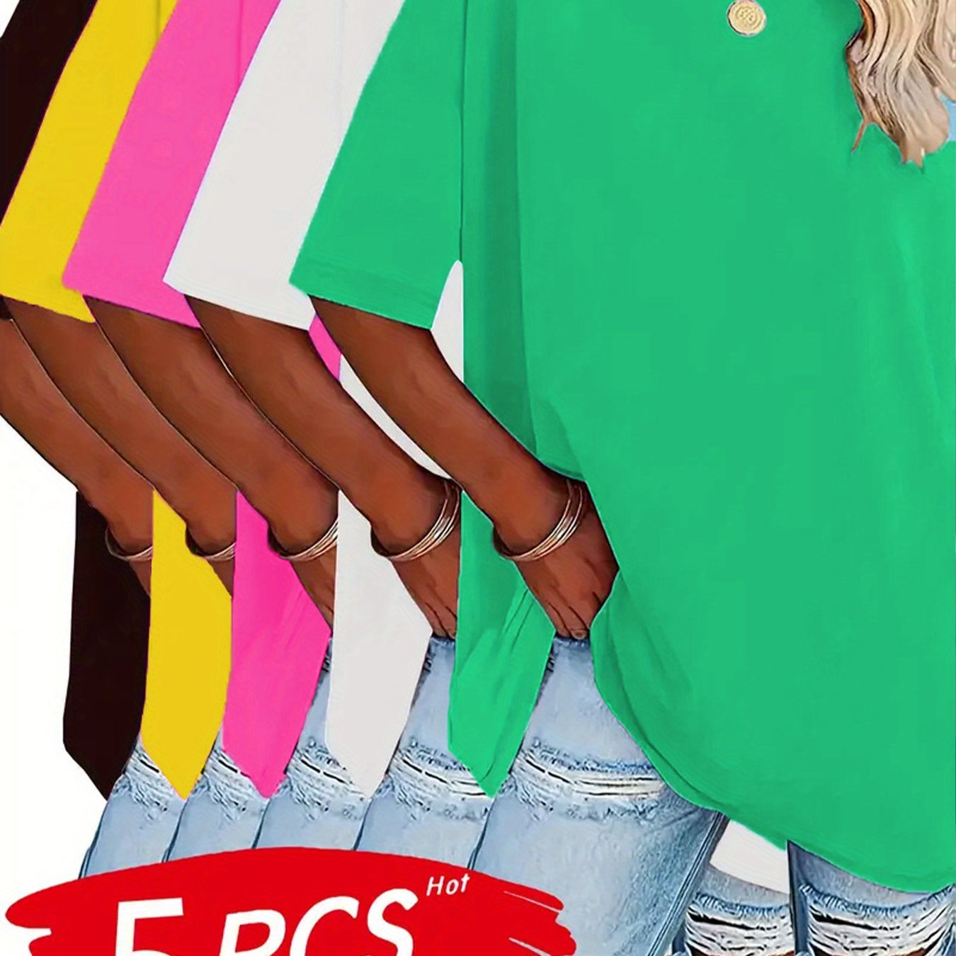 Women's Plus Size Summer T-Shirts Short Sleeve Casual Tops Black White Red Pink Blue 5 Pack