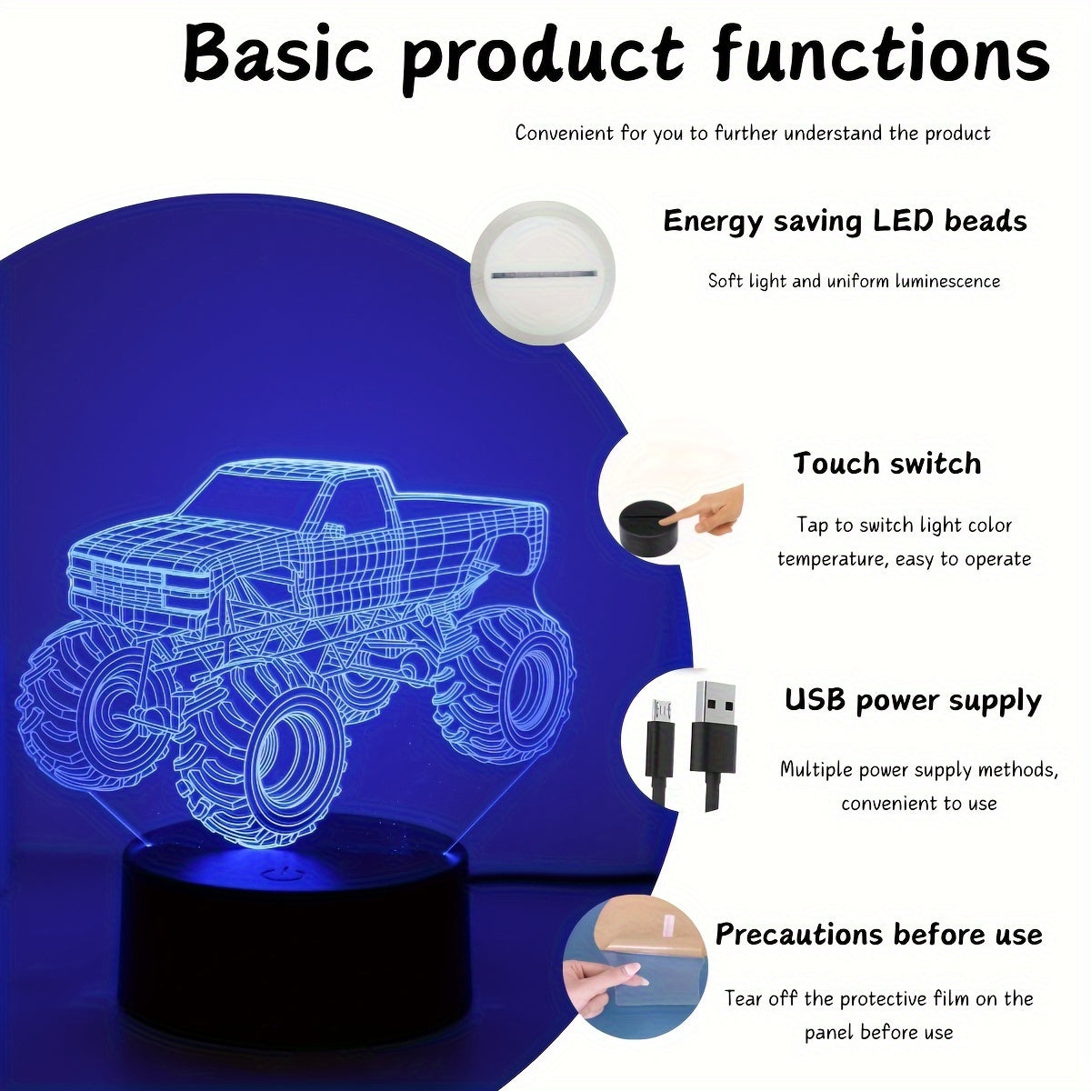 Modern Monster Truck 3D Illusion Table Lamp Touch Control USB Desk Night Light