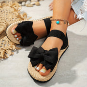 Women's Black Bow Slide Sandals, Rubber Sole, Comfortable Open-Toe