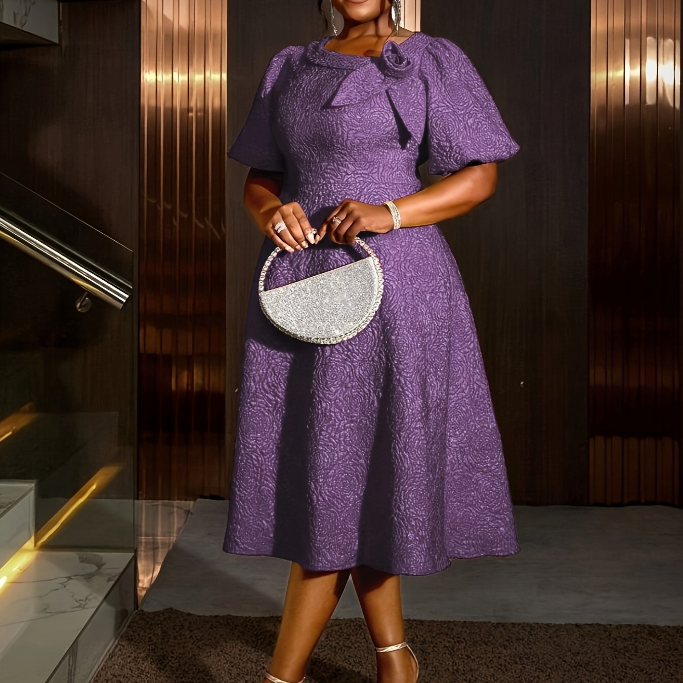 Plus Size Women's Rose Jacquard Flared Sleeve A-Line Skirt Dress for Parties