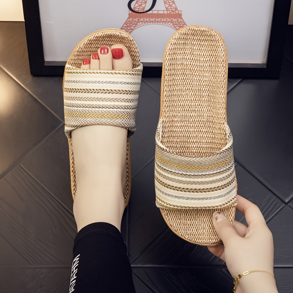 Home Slippers with Striped Pattern and Open Toe Casual Slip-On Indoor Footwear