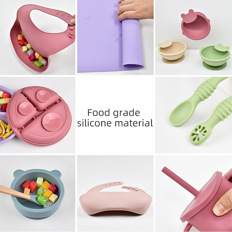 Kids Silicone Dinnerware Set 10 Pieces Bear Theme Plates Bowls Spoons Forks Bibs