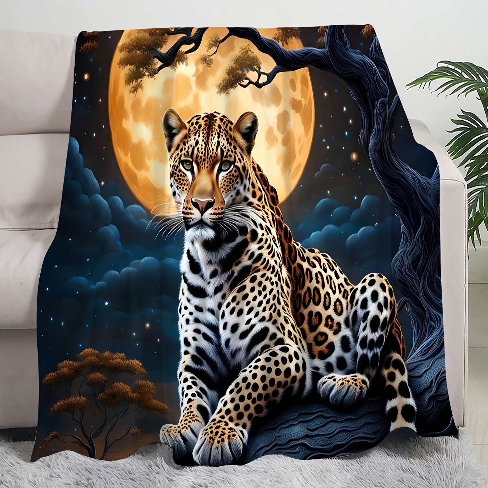Flannel Fleece Throw Blanket with Jaguar Design for All Seasons Machine Washable Polyester